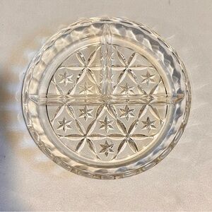 Vintage Depression Glass Clear Pressed Glass Starburst Divided Serving Dish-6”D